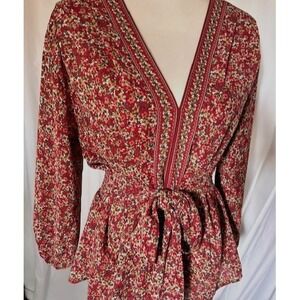 Max Studio Women's Large Dark Floral V Neck Tie Waist Smocked Top Blouse Boho